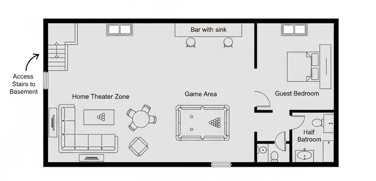 Finished basement entertainment area with home theater and bar