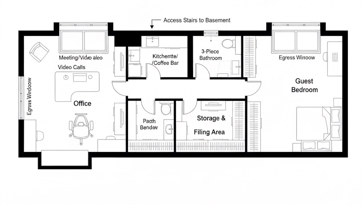 Professional basement home office with natural light and meeting area